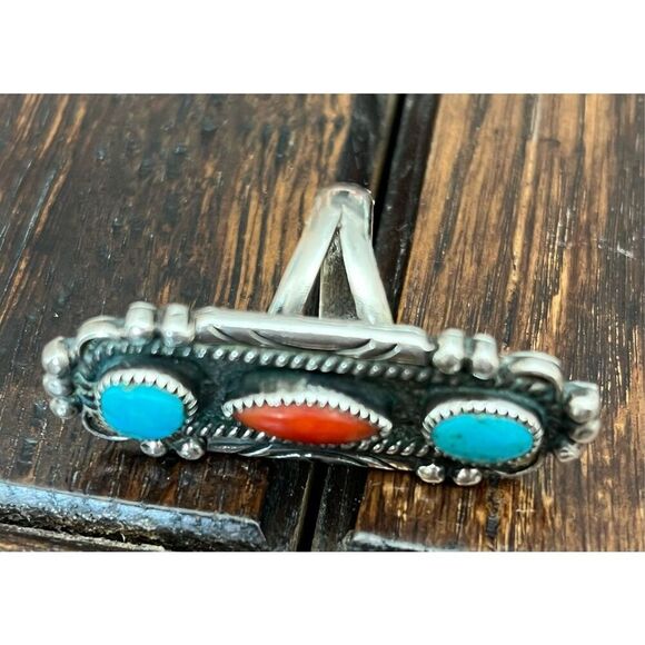 Vtg 70’s Navajo Silver, Turquoise & Coral Women’s  Ring Size 7 - Picture 3 of 5